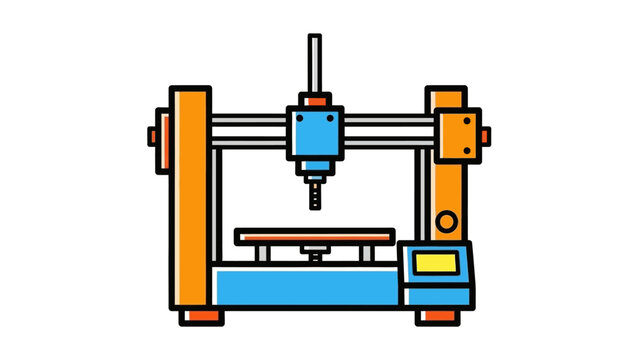 Cartoon illustration of a CNC machine or 3D printer with gantry system.