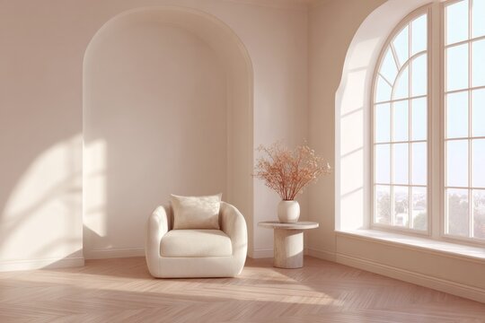 Softly lit room features a plush armchair and arched window with dry flowers.