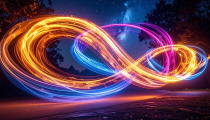 Dynamic colorful light trails form an infinite loop, symbolizing energy, speed, and future technology against a dark night sky.