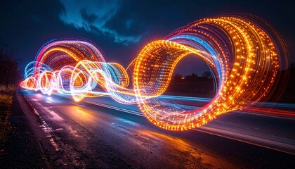 Vibrant long exposure light trails creating abstract glowing patterns at night, symbolizing data flow, speed, and digital technology.