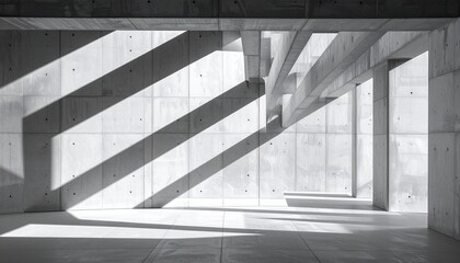 Obraz premium Minimalist concrete architecture interior with dramatic geometric shadows from natural light, creating an abstract and modern design space.