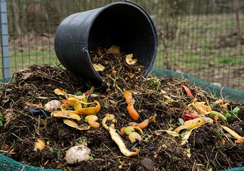 Spilled Compost Bucket with Vegetable Scraps in Garden