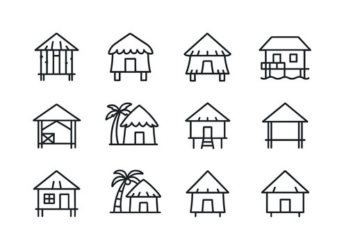 Island Hut Icons. Island Huts. Line icon set of Island Huts: bam