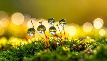 Glistening dew drops on vibrant green moss and small plants in morning sunlight with golden bokeh background