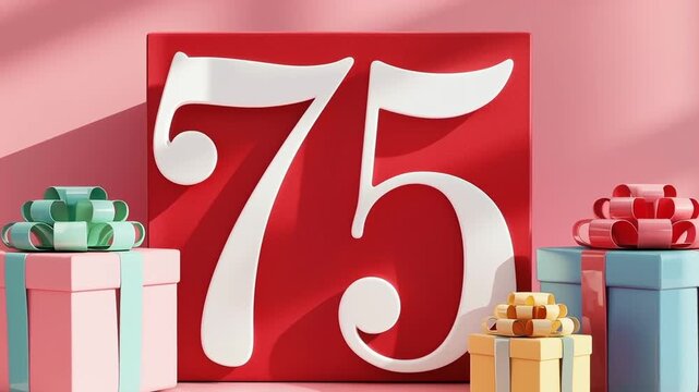 Festive 75th birthday with red balloons gifts and sparkling lights