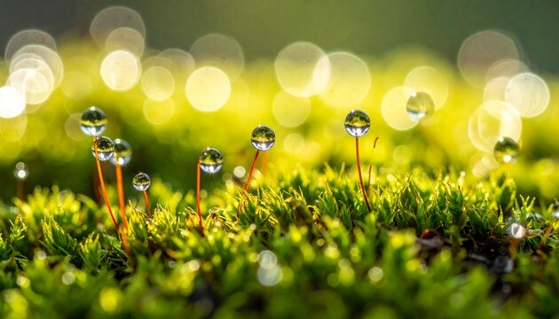 Macro shot of fresh green moss with sparkling water droplets and beautiful bokeh lights in a natural environment, symbolizing growth and renewal. - Powered by Adobe