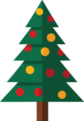Decorated Green Christmas Tree with Red and Yellow Ornaments – Isolated on Transparent Background Flat Holiday Vector
