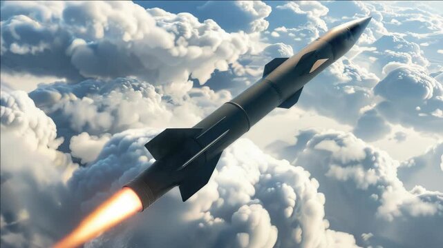 This depicts a missile soaring through the sky with clouds beneath it, signifying power and speed.