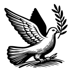 Obraz premium A Black And White Illustration Of A Dove Holding An Olive Branch In Its Beak And Talons