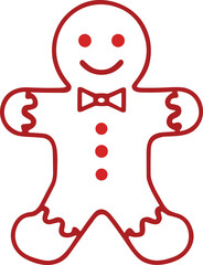 Gingerbread Man Outline Icon &ndash; Isolated on Transparent Background Red Christmas Line Art Vector