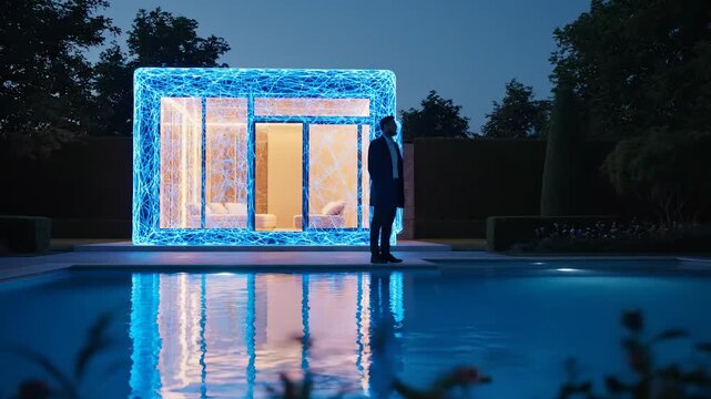 Man stands by glowing cube structure with neon light at pool. Digital art installation reflects in water at night. Future technology display glows. Neon cube structure by pool. Man observes digital