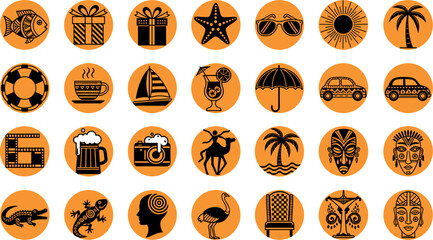 Travel and culture icon set featuring black silhouette symbols of beach elements, animals, drinks, masks, and tropical designs in orange circles