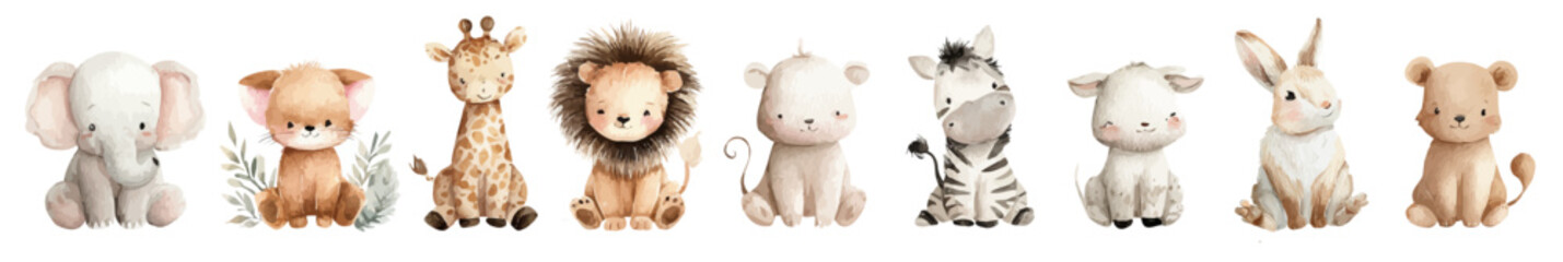Soft Watercolor Baby Animal Set with Safari and Forest Friends — Elephant, Lion, Giraffe, Bunny, Zebra and Bear for Kids Decor. Collection of Vector illustrations. Perfect for invitation, card, poster © maria