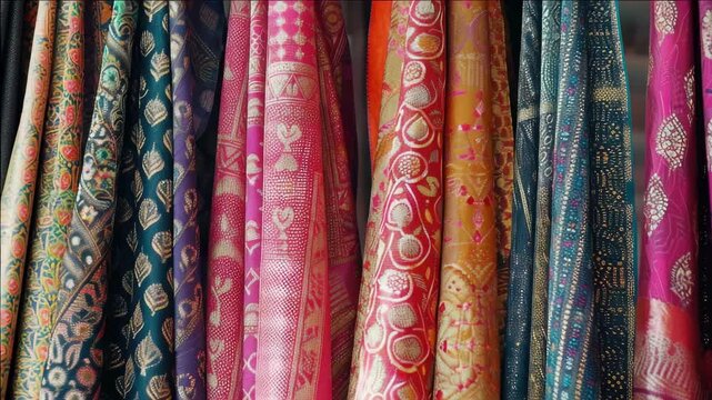 A colorful display of handwoven sarees with intricate designs.