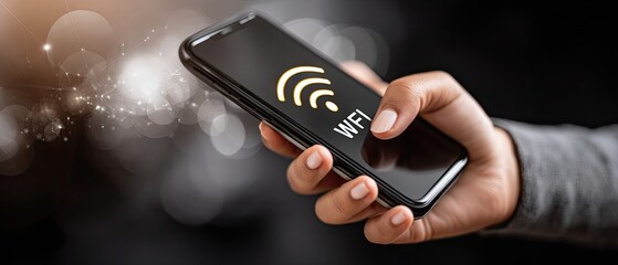 Close-up view of hand holding smartphone showing wireless signal icon with bokeh background and low light