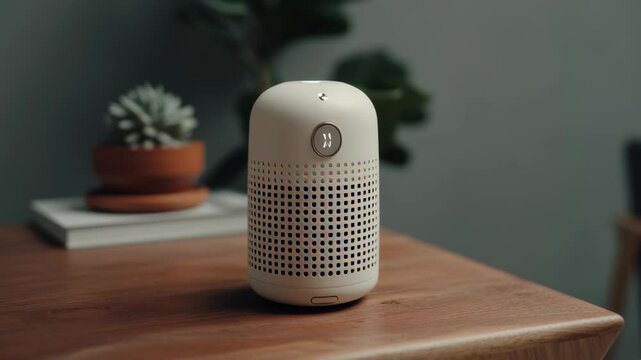 A white device sits on a wooden table. The device is small and has a black and white design. Calming ai mental health assistant device, minimal aesthetic, ai driven mental health tools