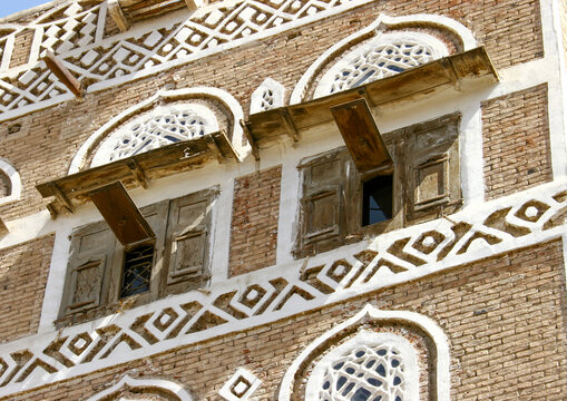 Traditional house in the old city featuring stained-glass windows, Amanat Al-Asemah, Sanaa, Yemen