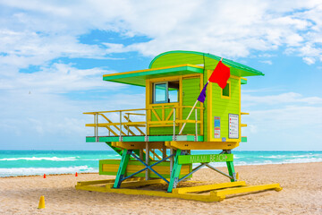 Yellow and green lifeguard tower in Miami Beach