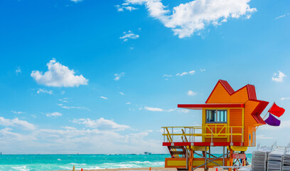 Orange and red lifeguard tower in Miami Beach