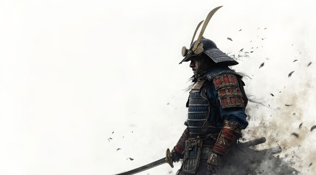 A Japanese samurai in traditional kabuto armor and helmet. Isolated white background. Historical portrait of a warrior, studio shooting. For topics about Japanese culture, history, and martial arts