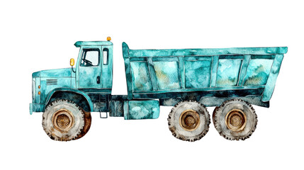 Obraz premium Watercolor Illustration of Blue Dump Truck with Large Wheels
