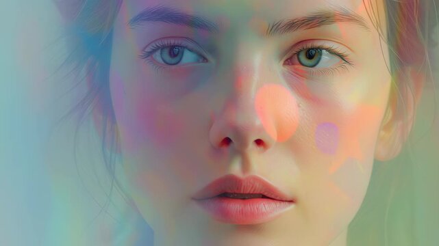 A woman with a colorful face is the main focus of the image. The colors of her face are vibrant and eye-catching. Ai-driven emotional heatmap with soft pastel palette, ai driven mental health tools