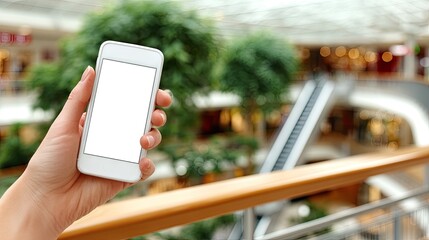 Close-up of a hand holding a blank smartphone in a shopping mall showing the idea of online marketing and digital shopping