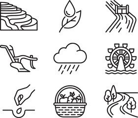 Agricultural farming and harvest line icons set rural land cultivation elements