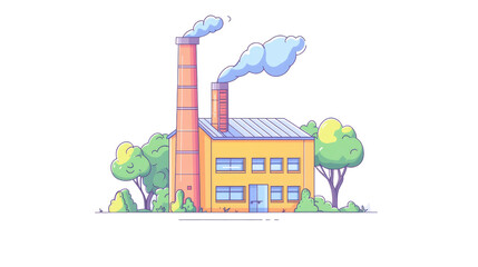 Colorful Industrial Factory Building with Smokestacks and Trees
