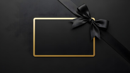 Black gift card with golden frame and black satin ribbon on dark background