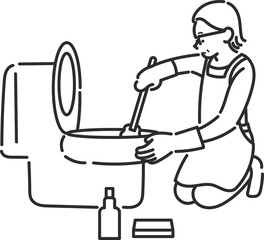 トイレ掃除をする40代女性のイラスト　線画のみ