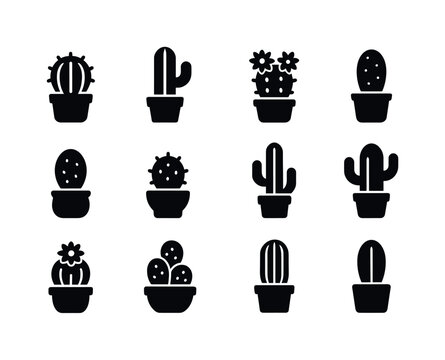 Potted Cactus Icons. potted cacti. Solid icon set of potted cact