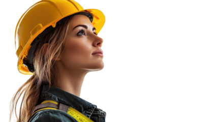 Profile of Woman in Hard Hat with Measuring Tape Looking Upwards