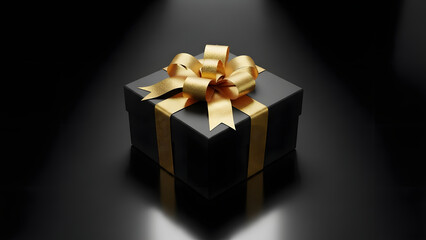 Elegant black gift box with a shiny golden ribbon against a dark background with spotlight