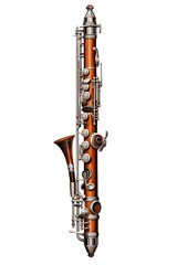 Bassoon with reddish-brown polished wood, silver key system, curved bocal tube, Isolated to Transparent Background