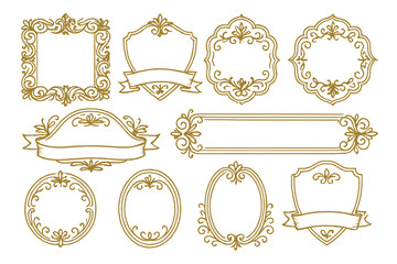 Collection of ornate gold vintage frames, decorative borders, and elegant royal shields with ribbons