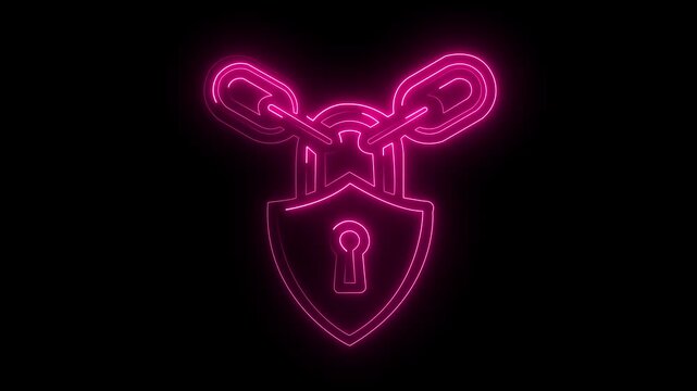 Neon pink lock with chain links animation on a black background, security, protection, access control, or digital safety