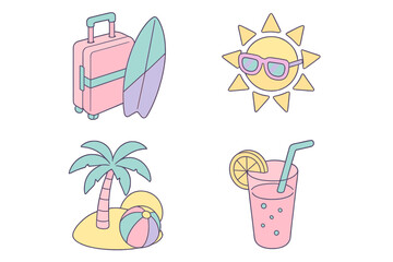 Fototapeta premium Cute pastel summer vacation essentials set including luggage, surfboard, sun, palm tree, and cocktail drink