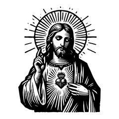 Fototapeta premium Sacred Heart Jesus Christ Offering Blessing With Halo And Divine Light