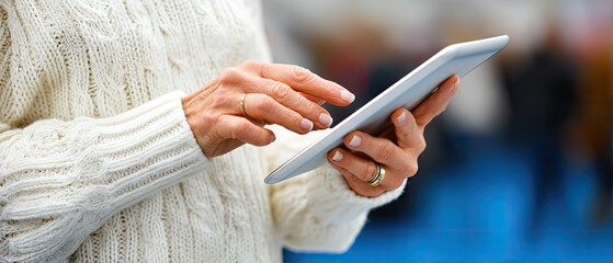 Woman looks at iPad while standing in store display area, focused on screen and surrounded by blurred surroundings