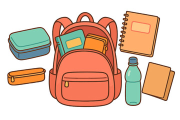 Collection of essential school supplies including backpack, notebooks, lunch box, and water bottle