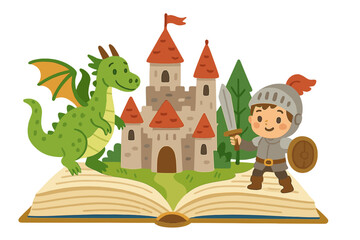 Fototapeta premium Cute knight and friendly dragon standing next to a medieval castle popping out of an open storybook