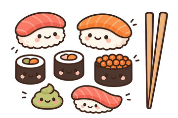 Kawaii nigiri maki and gunkan sushi pieces with wasabi and wooden chopsticks