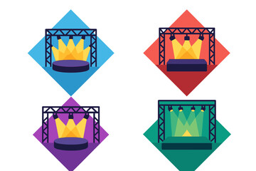 Colorful icons of concert stages and performance platforms with bright spotlights and truss structures
