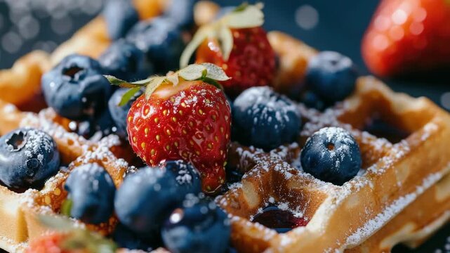 A mouthwatering stack of golden brown waffles topped with fresh strawberries, blueberries, and a dusting of powdered sugar.