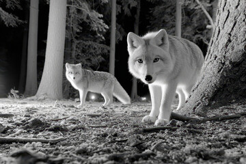 Naklejka premium Two white foxes in a dark forest at night