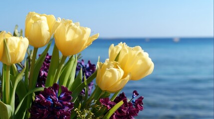 Bright yellow tulips and rich purple blooms create a joyful spring bouquet, beautifully contrasting with the calm blue ocean under a clear sky, bringing warmth and cheer