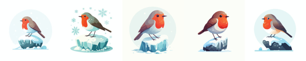 Winter robin bird. Vector, minimalist, illustration, icon set.