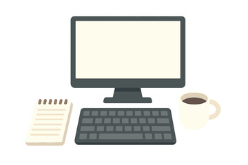 Fototapeta premium Desktop computer setup with blank screen, keyboard, notepad, and coffee cup on a white background