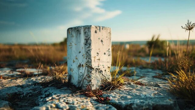 Old concrete block in a rocky field with grass and wildflowers.